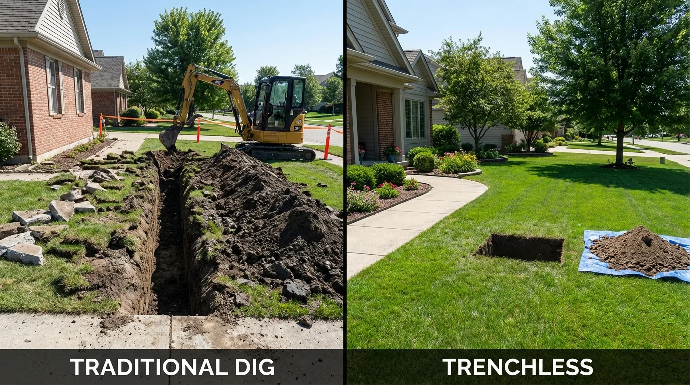 Trenchless sewer repair with minimal yard damage versus traditional excavation in Dickinson, ND
